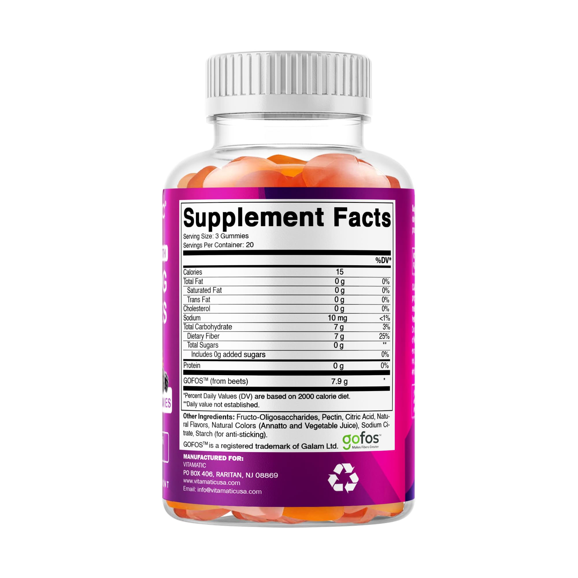 Vitamatic Prebiotic Fiber Gummies packaging-graphics display clear 2-pack information and ingredients.