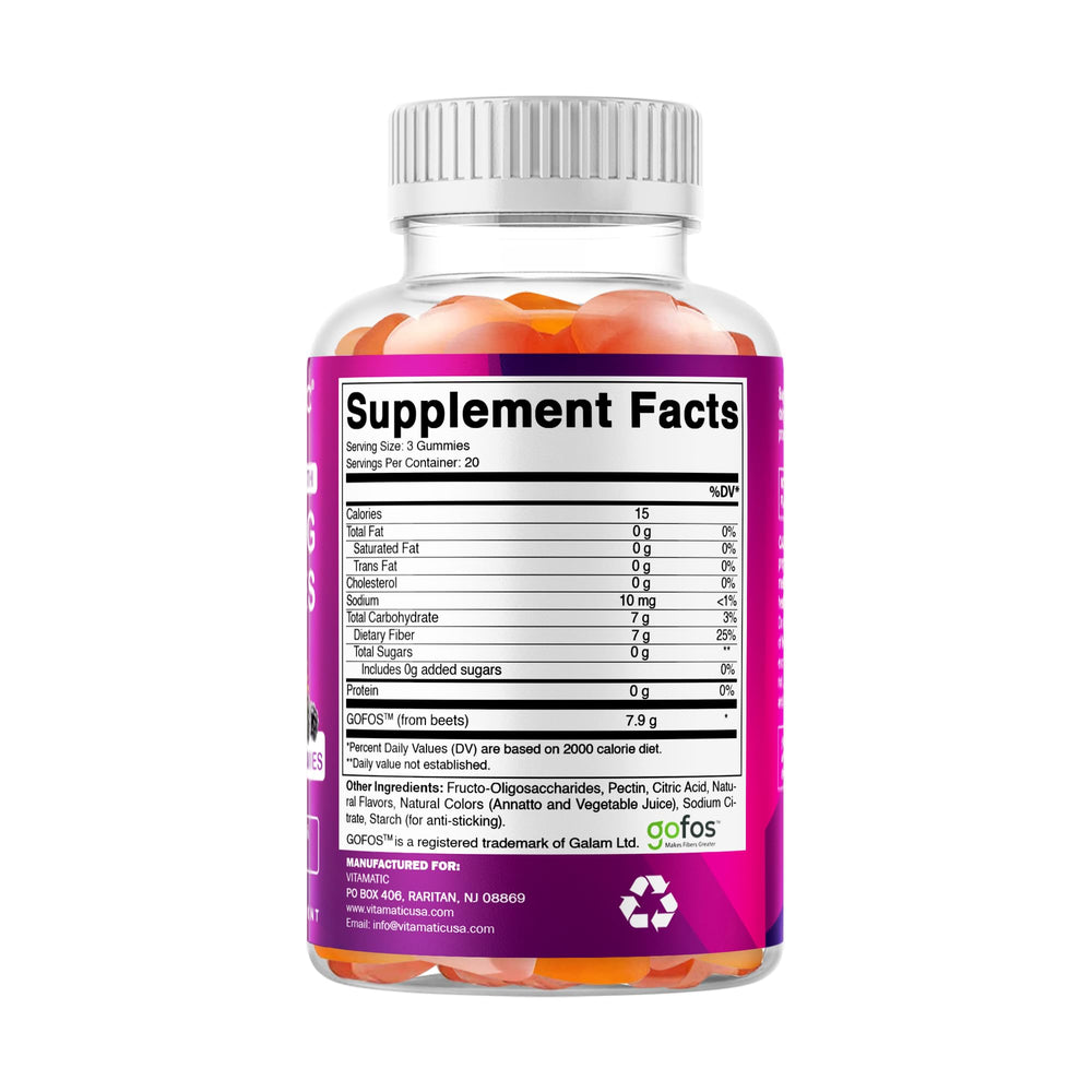 Vitamatic Prebiotic Fiber Gummies packaging-graphics display clear 2-pack information and ingredients.