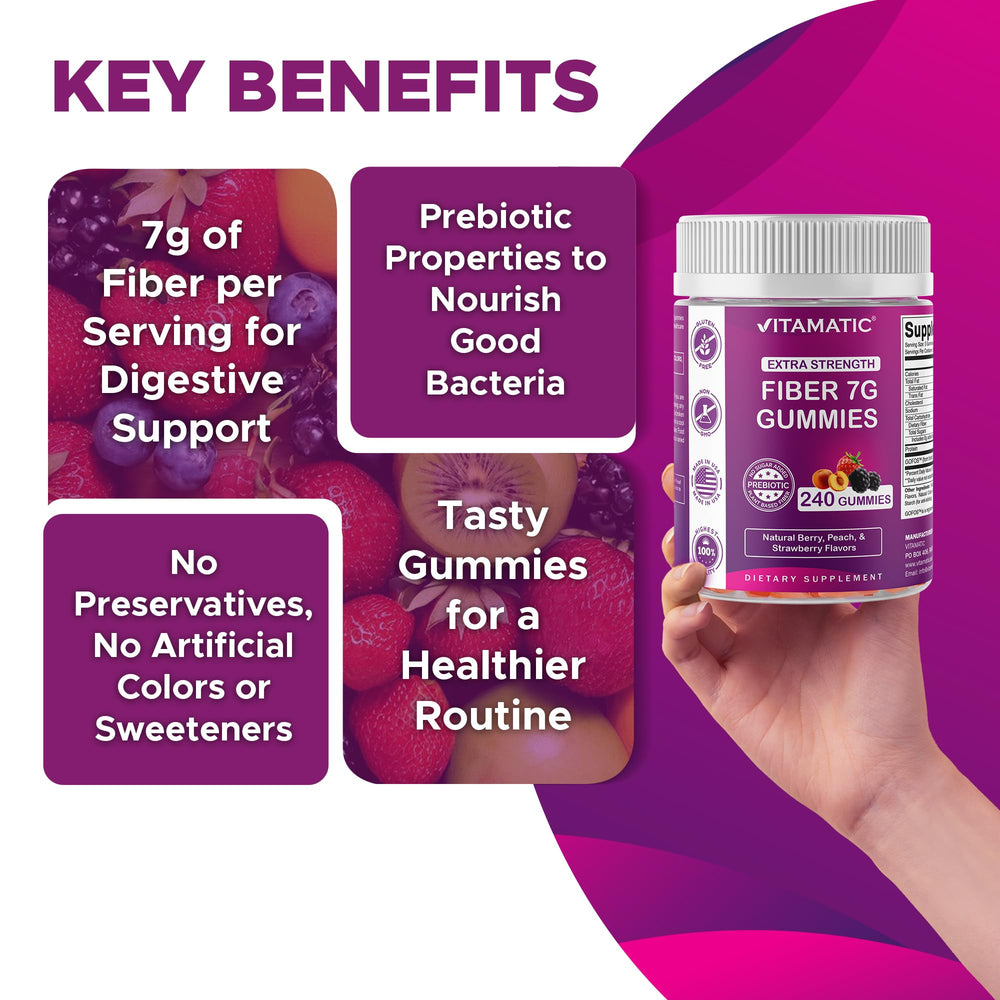 Vitamatic prebiotic fiber gummies packaging label gluten-free and allergen-free
