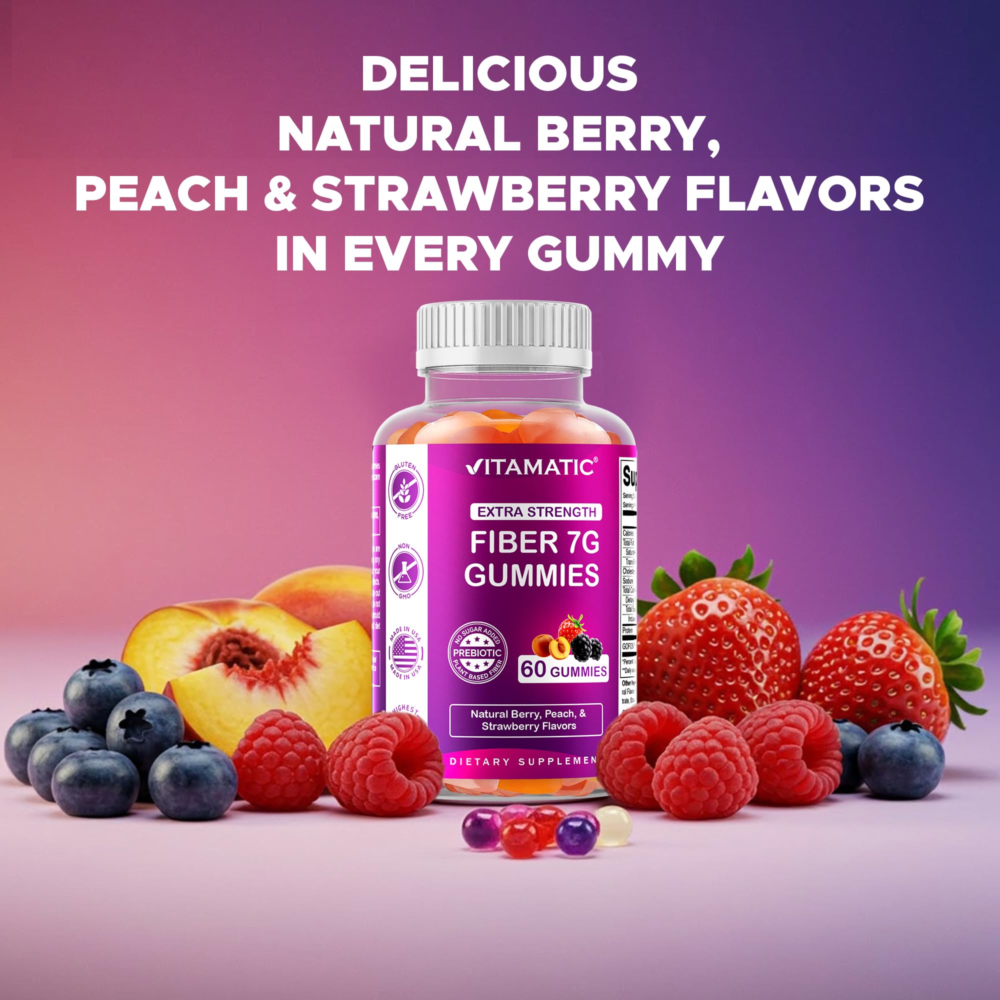 Vitamatic Prebiotic Fiber Gummies serving-in-hand demonstrates on-the-go fiber support.