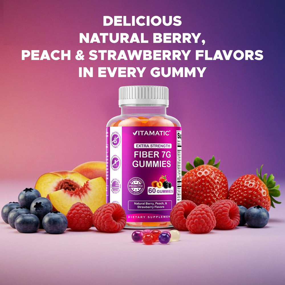 Vitamatic Prebiotic Fiber Gummies serving-in-hand demonstrates on-the-go fiber support.