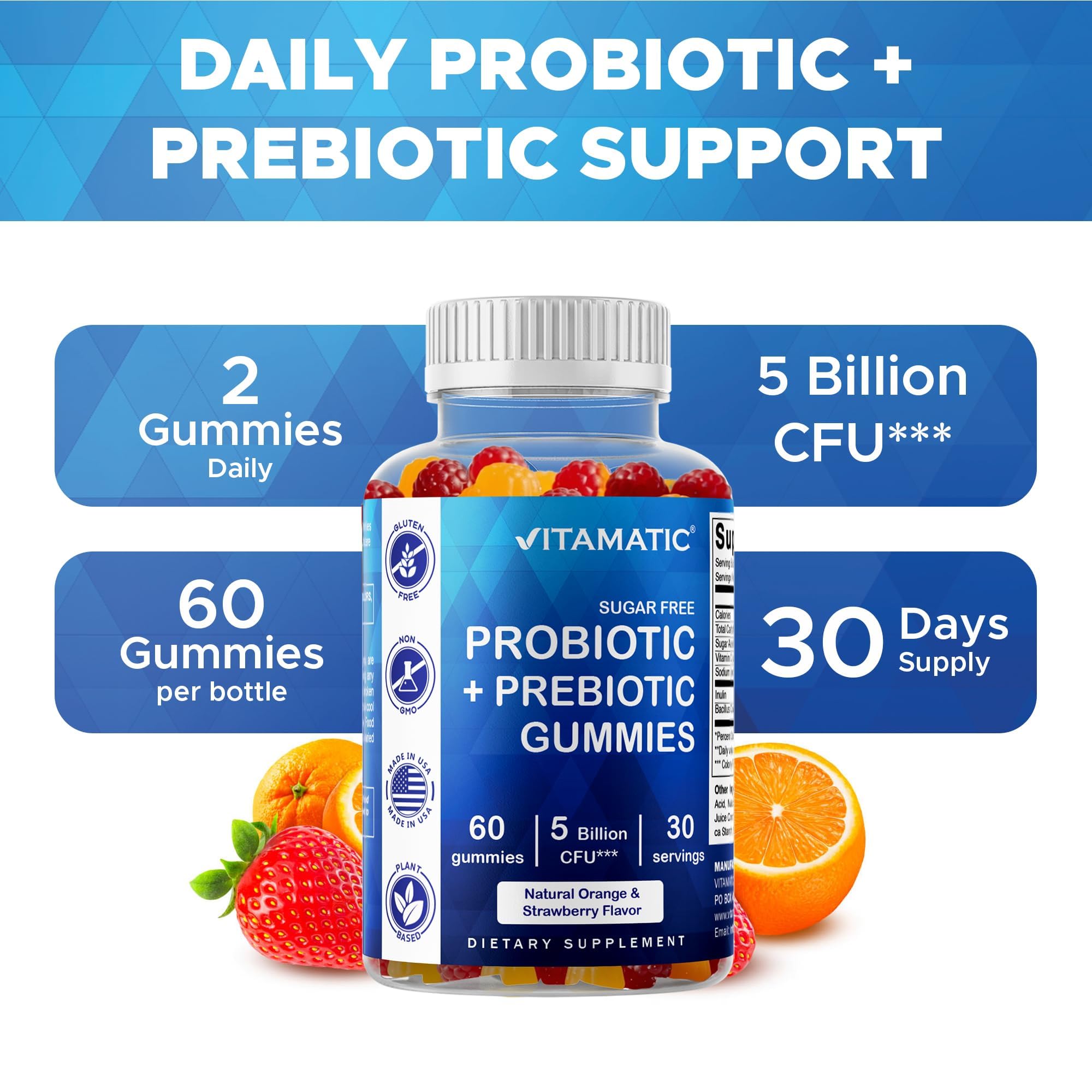 Vitamatic Probiotic Gummies gluten-free formulation suitable for gluten-sensitive diets.