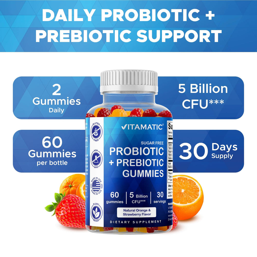 Vitamatic Probiotic Gummies gluten-free formulation suitable for gluten-sensitive diets.