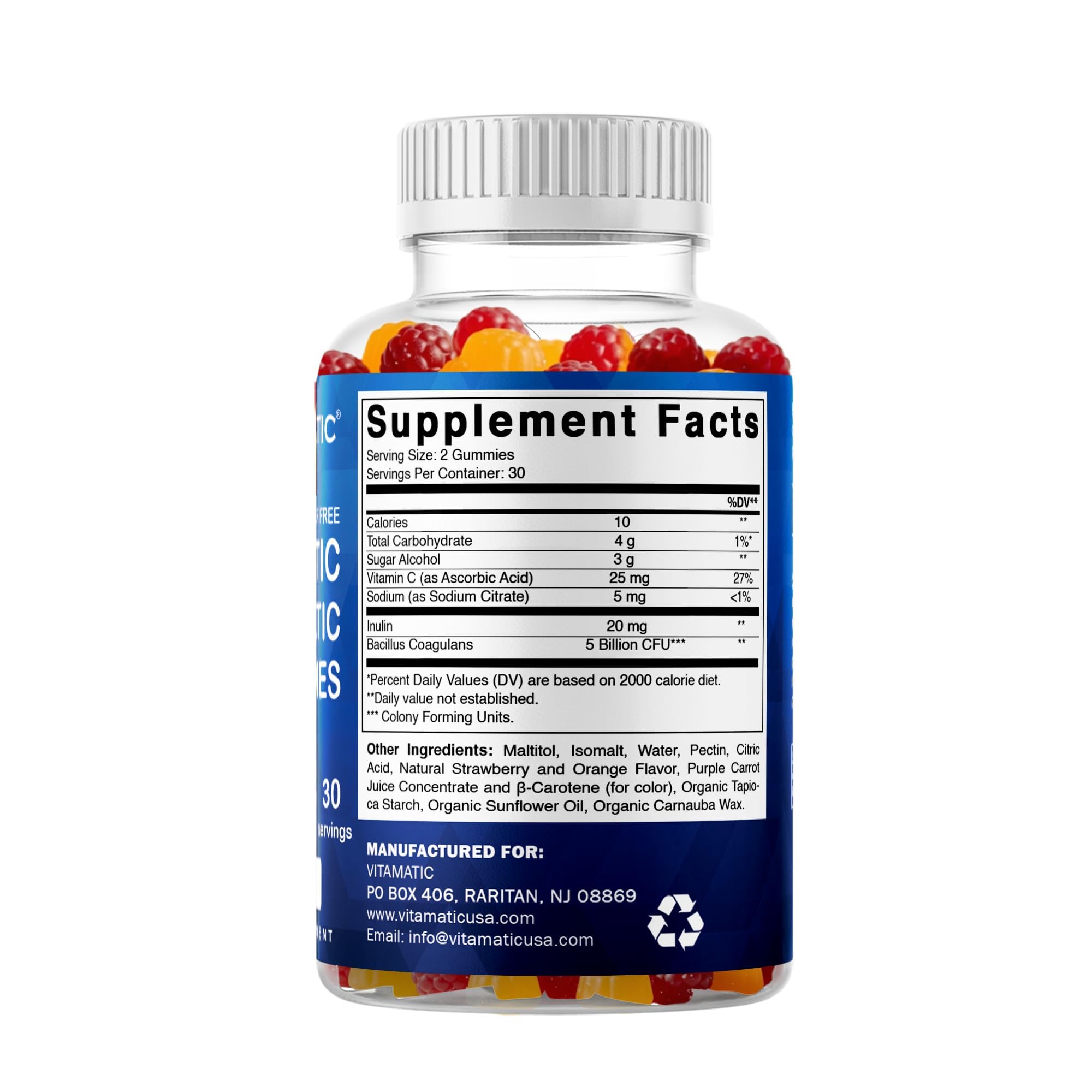Vitamatic Probiotic Gummies package image highlighting natural strawberry-orange taste.