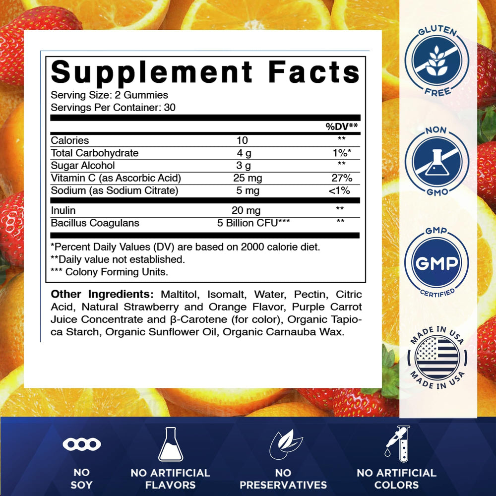 Vitamatic Probiotic Gummies strawberry orange flavor highlight pleasant taste and gut-friendly routine.
