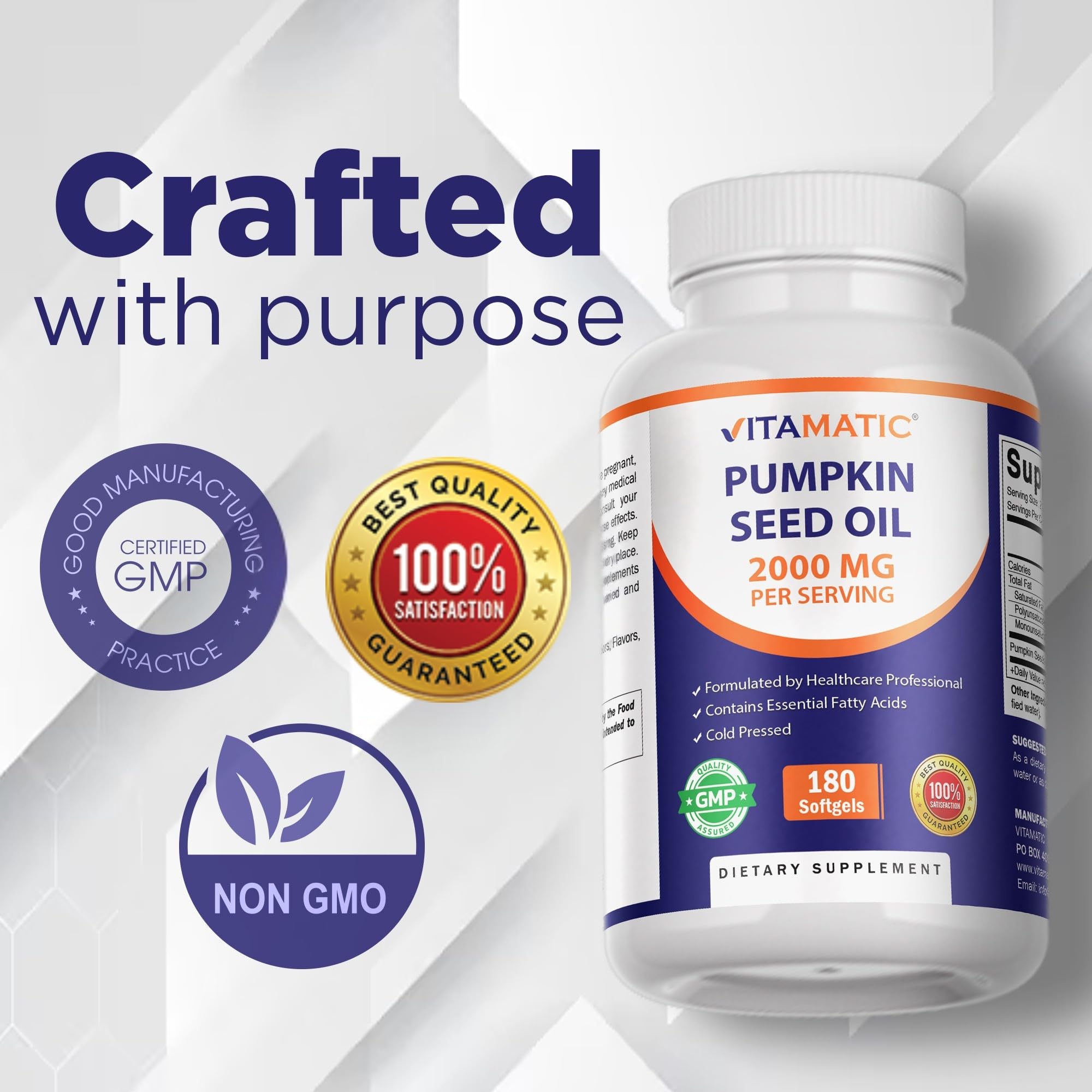 Vitamatic pumpkin seed oil bottle on wood surface for premium oil.
