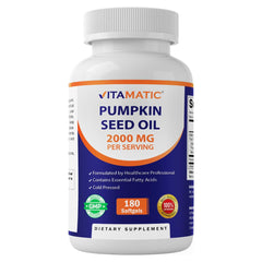 Vitamatic pumpkin seed oil bottle with softgels for daily wellness.