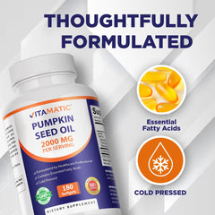 Vitamatic pumpkin seed oil capsules in hand for easy daily dose.