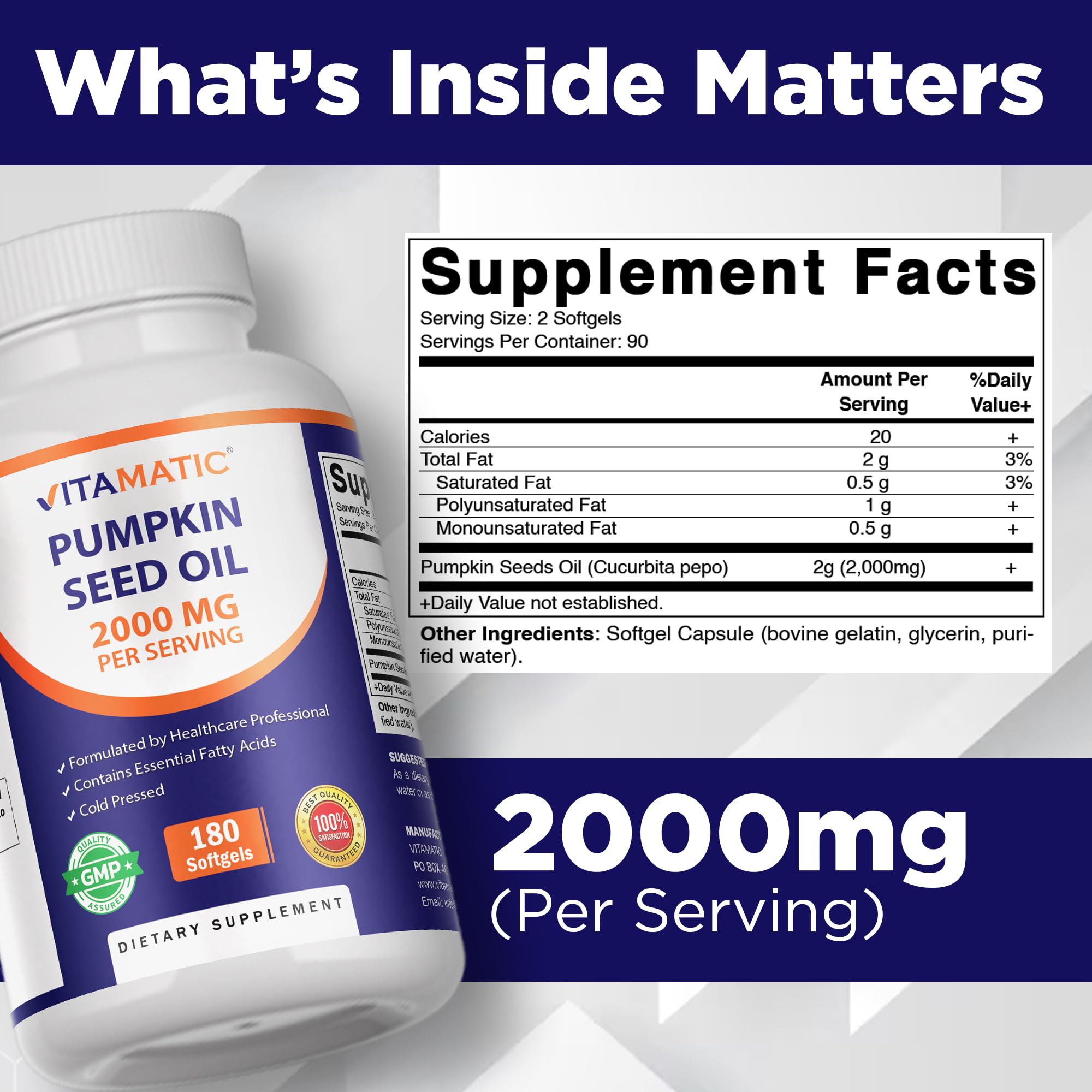 Vitamatic pumpkin seed oil softgels close-up highlighting capsules.