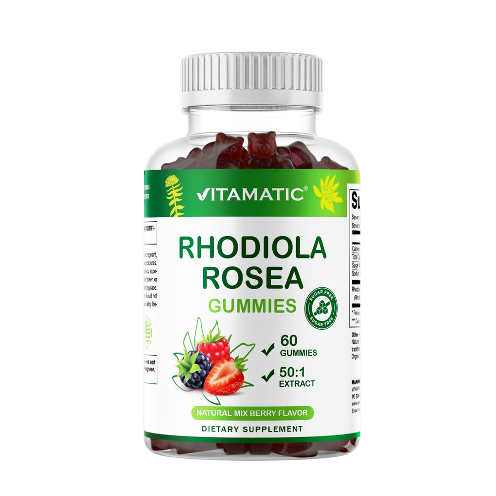 Berry-flavored Vitamatic gummies on a desk for easy daily use.