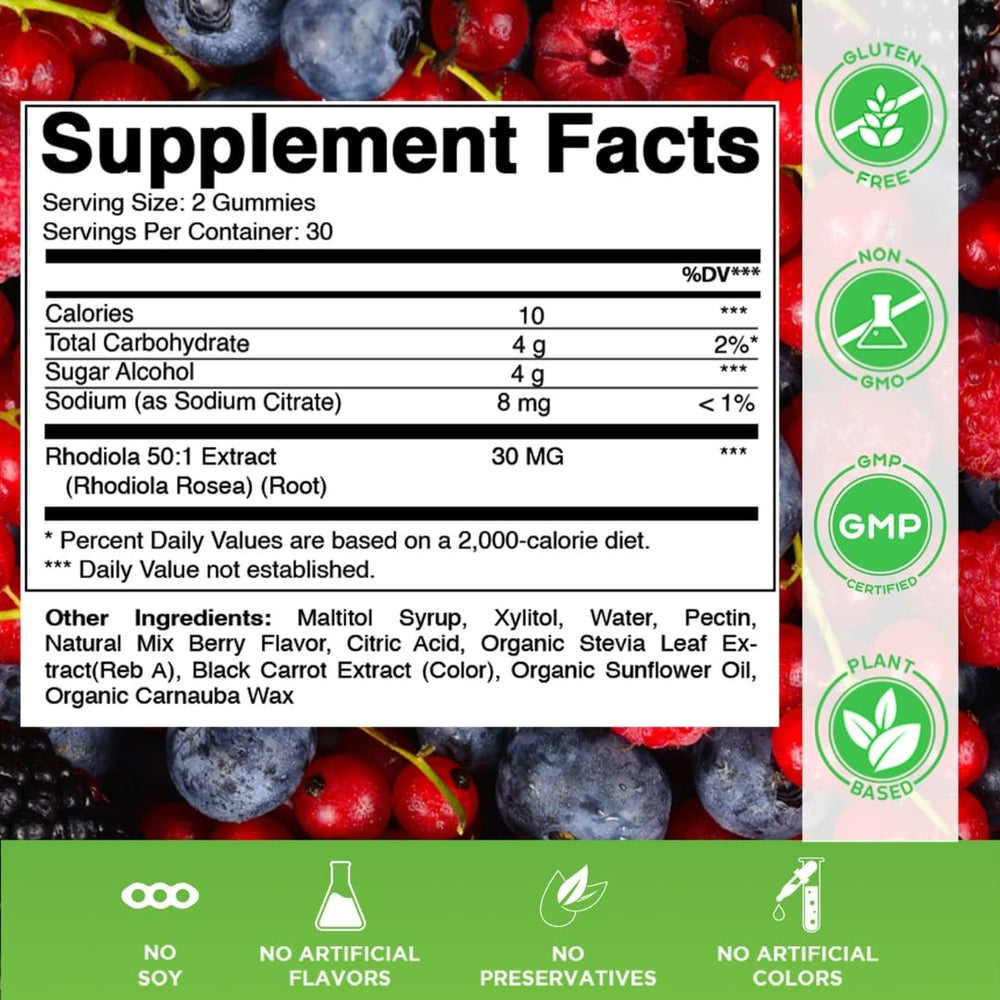 Close-up of Vitamatic Rhodiola gummies highlighting plant-based ingredients for vegan wellness.