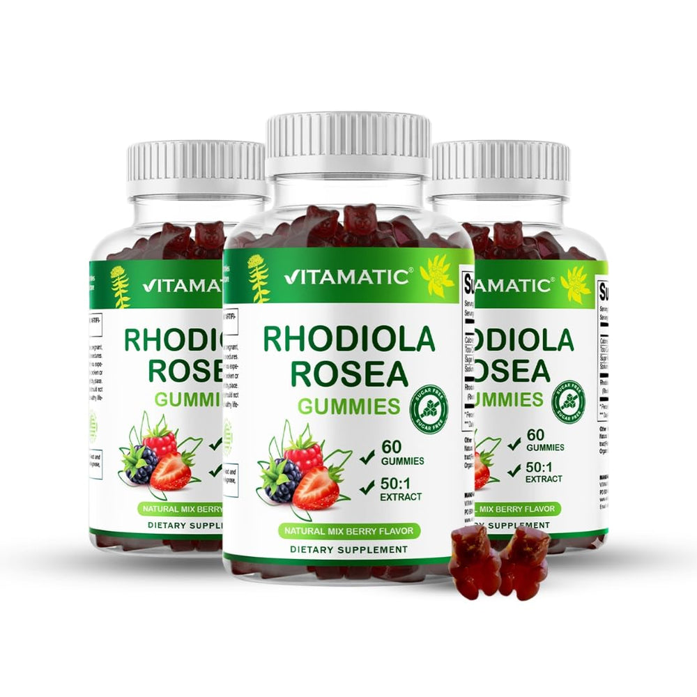 Vitamatic Rhodiola gummies pictured with workout gear for post-exercise stamina.