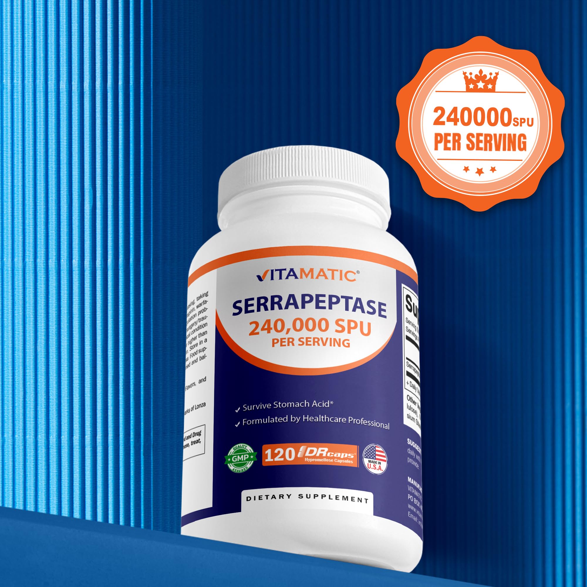 The Vitamatic Serrapeptase gluten-free symbol appears on packaging.