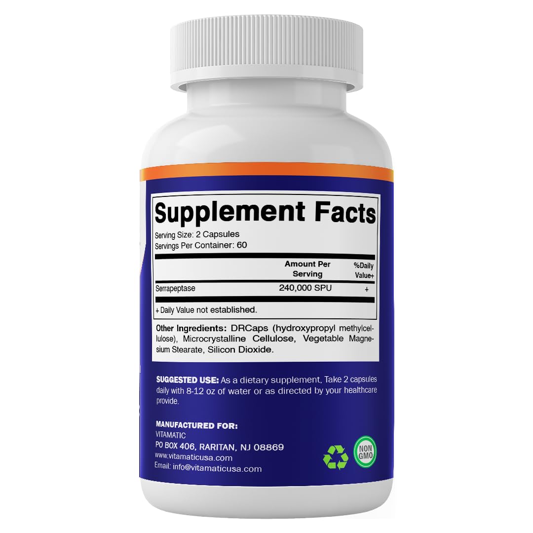 The Made in USA badge sits near the Vitamatic Serrapeptase label.