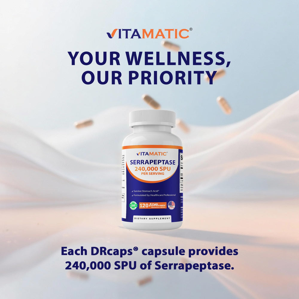 The Vitamatic Serrapeptase non-GMO label highlights clean ingredients.
