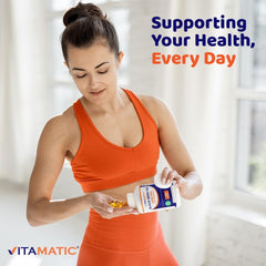 Vitamatic softgel capsules arranged for easy swallowing.