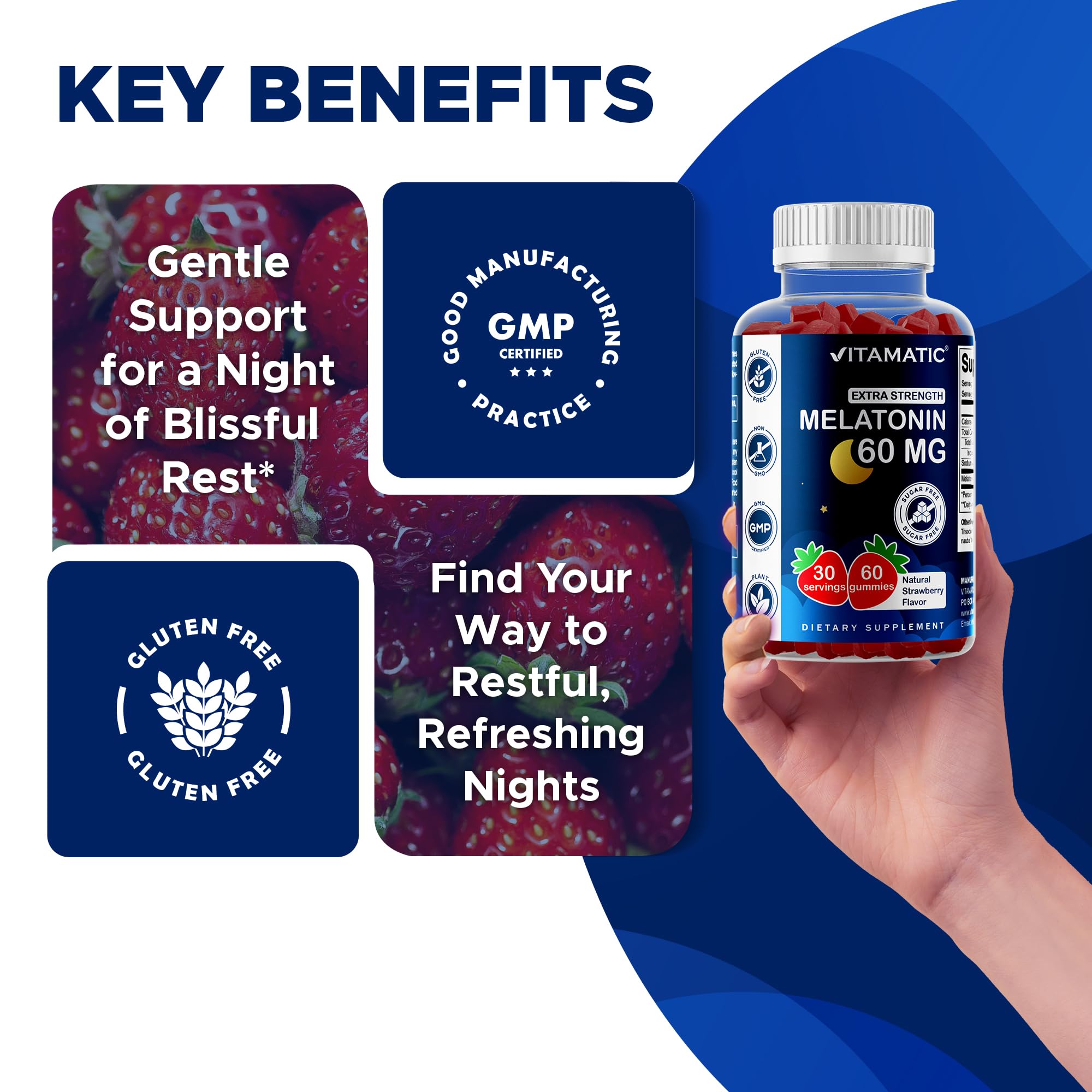 Vitamatic strawberry-flavored melatonin gummies shown for a tasty bedtime treat