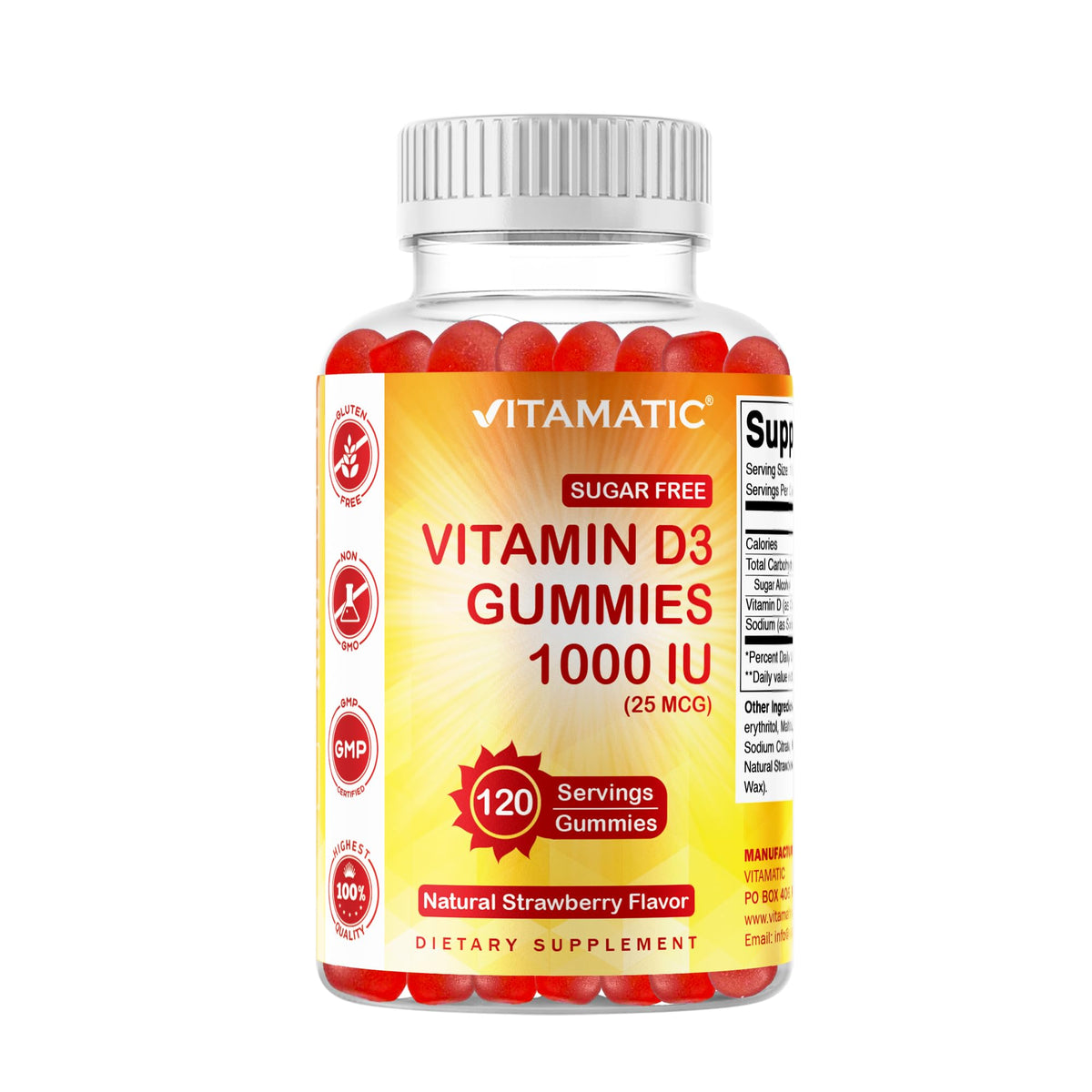 Vitamatic Sugar Free D3 Gummies bottle promotes bone health with 1000 IU per serving.