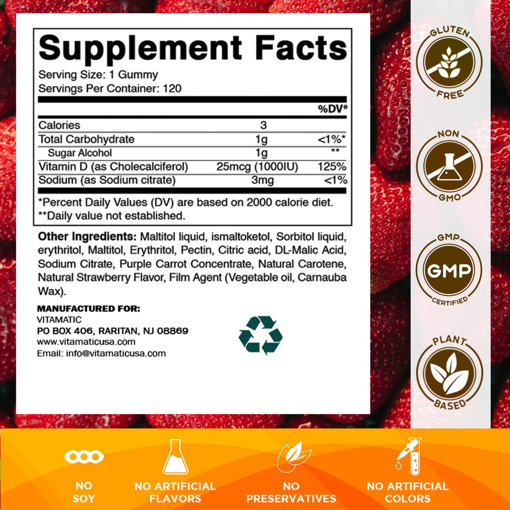 Vitamatic Sugar Free D3 Gummies open bottle supports a simple daily vitamin routine.