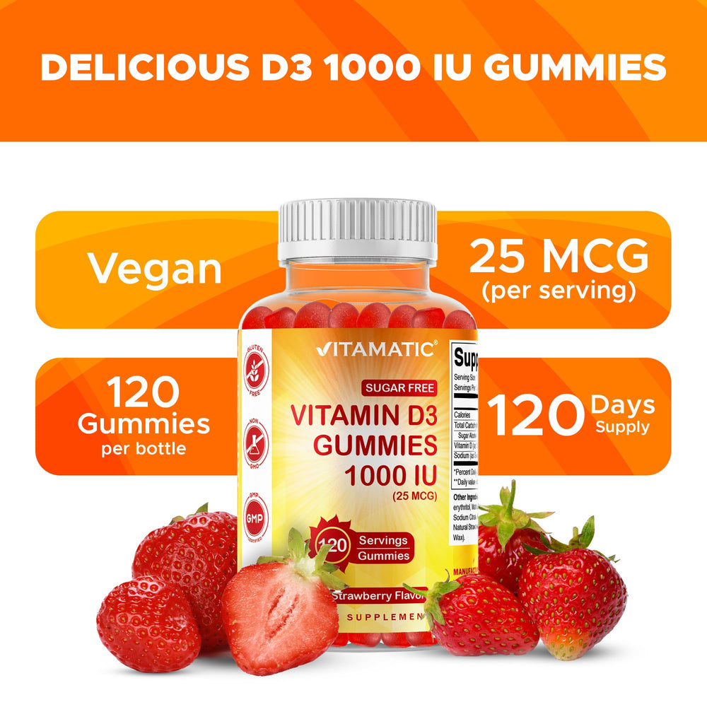 Vitamatic D3 gummies strawberry flavor close-up highlights a tasty sugar-free option.