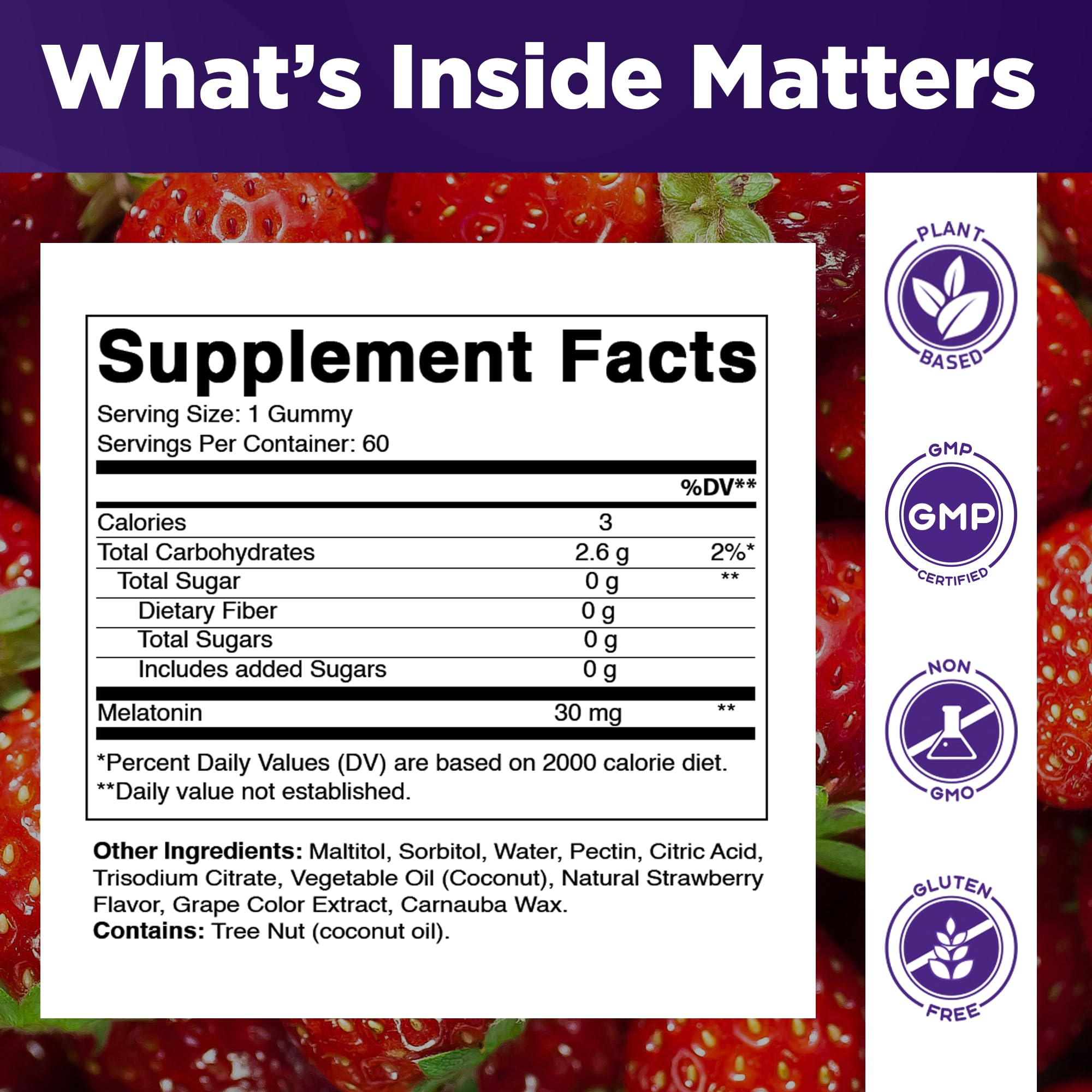 Vitamatic sugar free melatonin gummies bottle front shows strawberry flavor