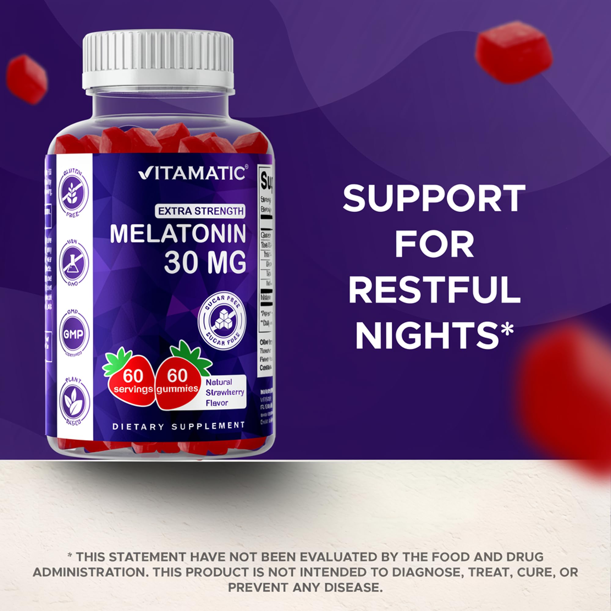 Vitamatic sugar free melatonin gummies flavor-strawberry image highlights tasty, natural aroma