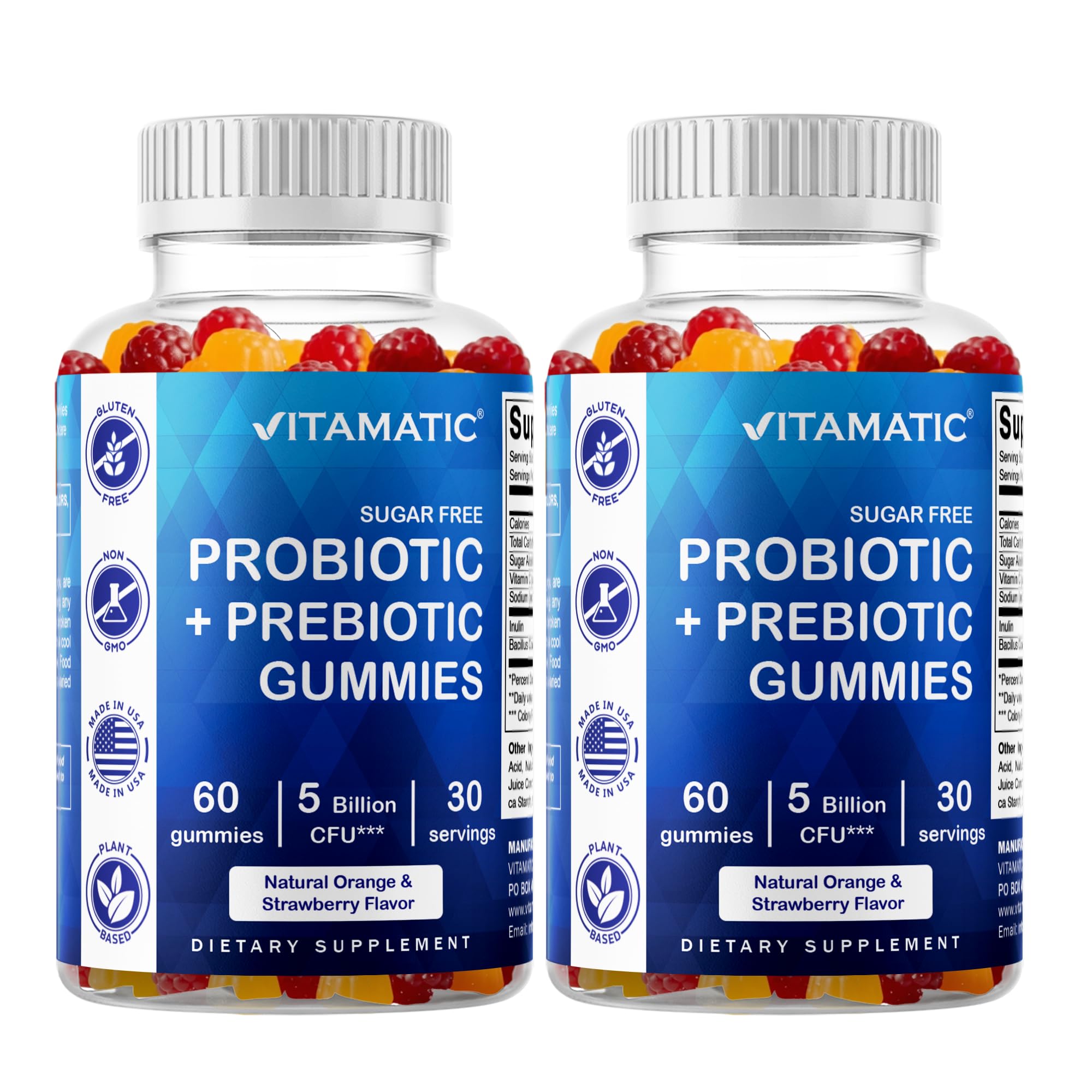 Vitamatic sugar-free probiotic gummies bottle front with gluten-free labeling for daily gut support