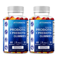 Vitamatic sugar-free probiotic gummies bottle front with gluten-free labeling for daily gut support