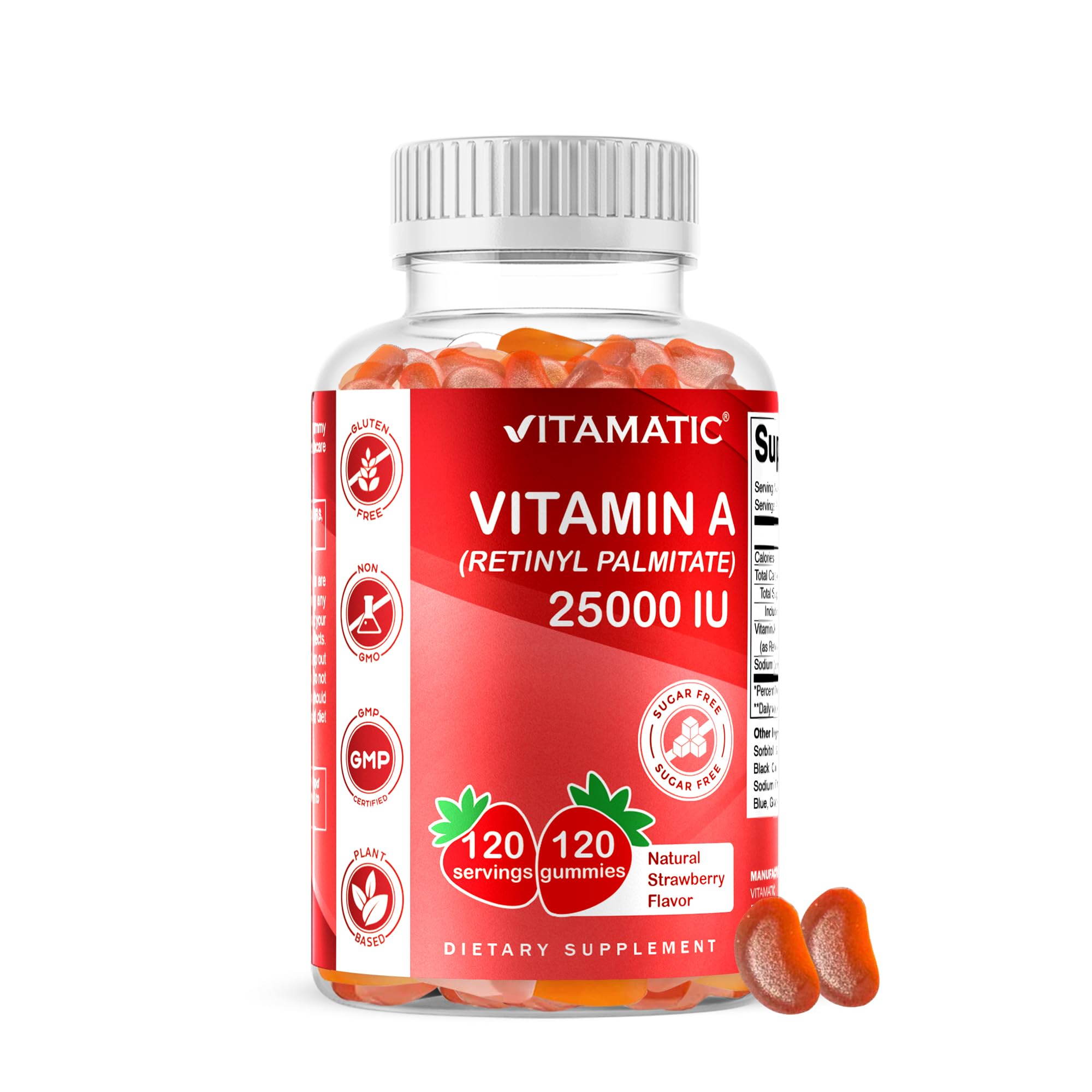 Vitamatic vitamin A gummies bottle front with natural strawberry flavor
