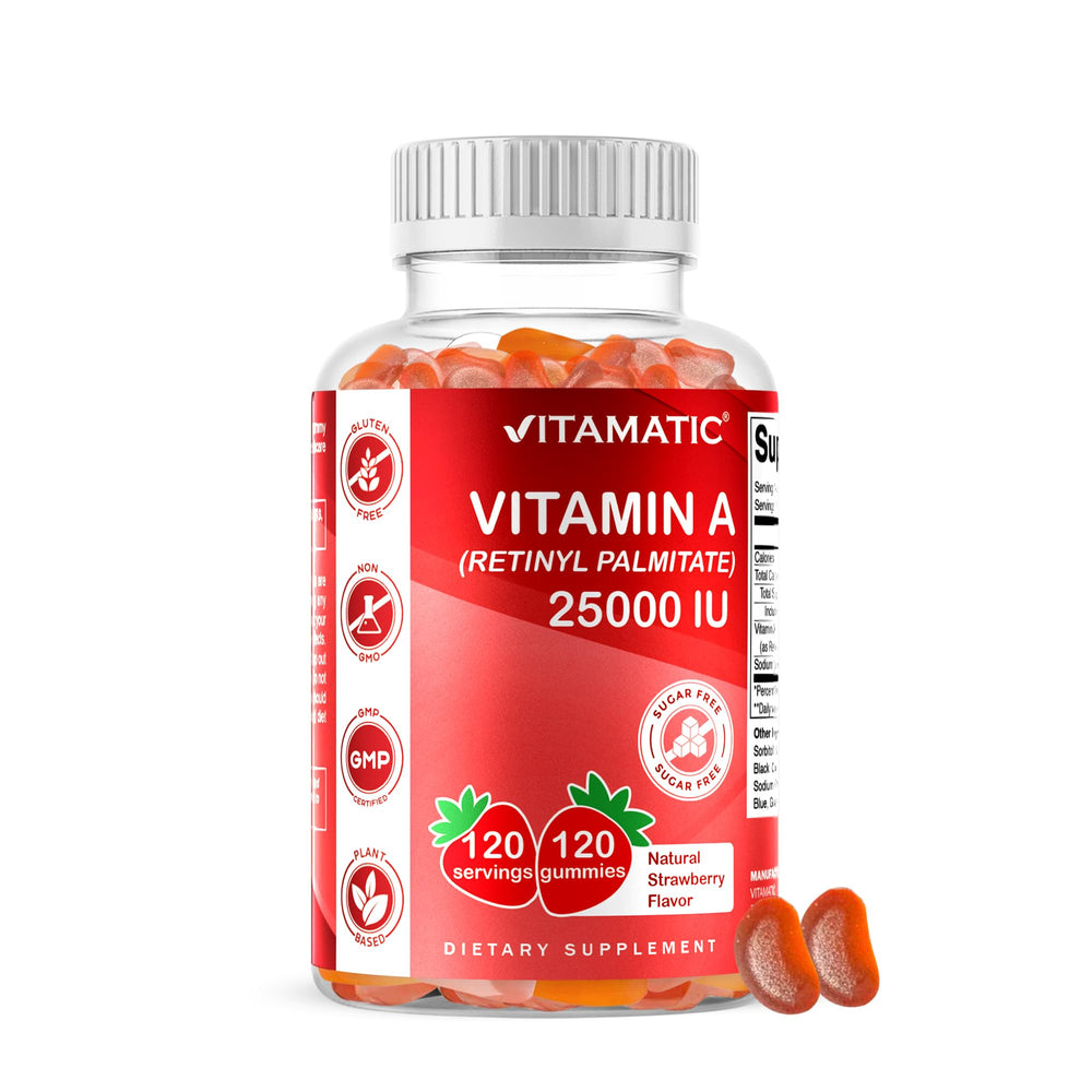 Vitamatic vitamin A gummies bottle front with natural strawberry flavor