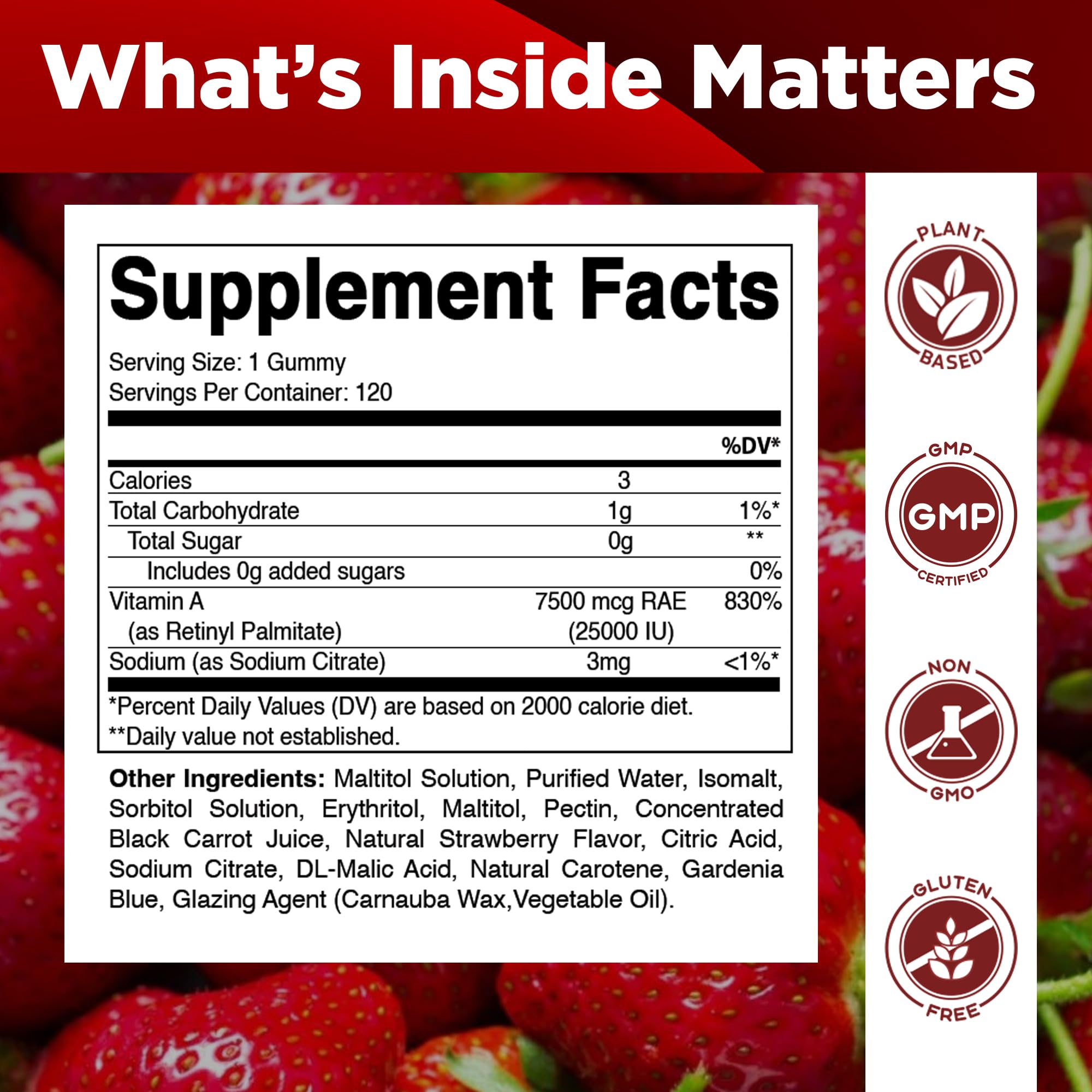 Gummies ingredient panel displaying vegan, non-GMO, gluten-free labels