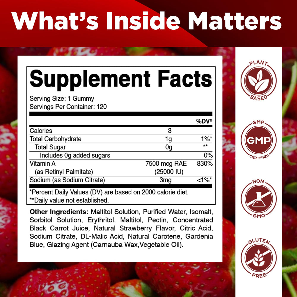 Gummies ingredient panel displaying vegan, non-GMO, gluten-free labels