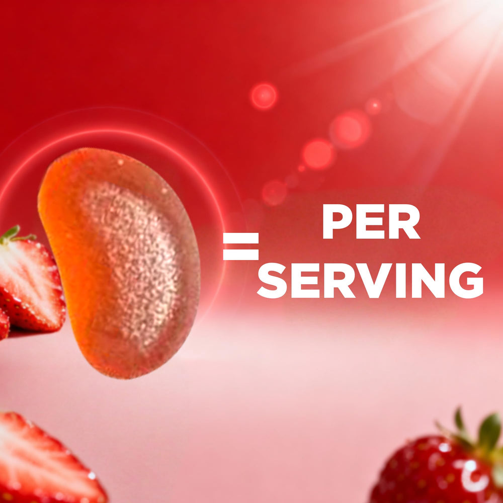 Close-up of a soft textured gummy emphasizing fruity strawberry taste