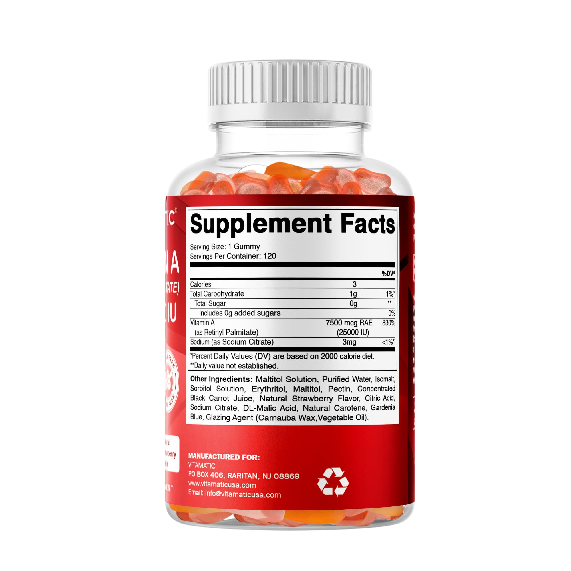 Vitamatic label close-up highlighting vegan-friendly and strawberry flavor
