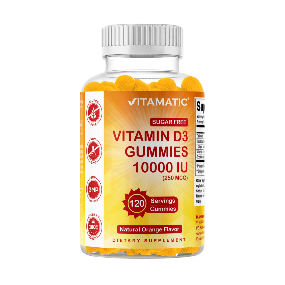 Vitamatic Sugar Free Vitamin D3 bottle close-up for daily bone support.