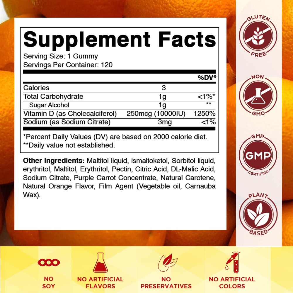 Vitamatic Vitamin D3 gummies texture close-up showing chewy orange consistency for daily use.