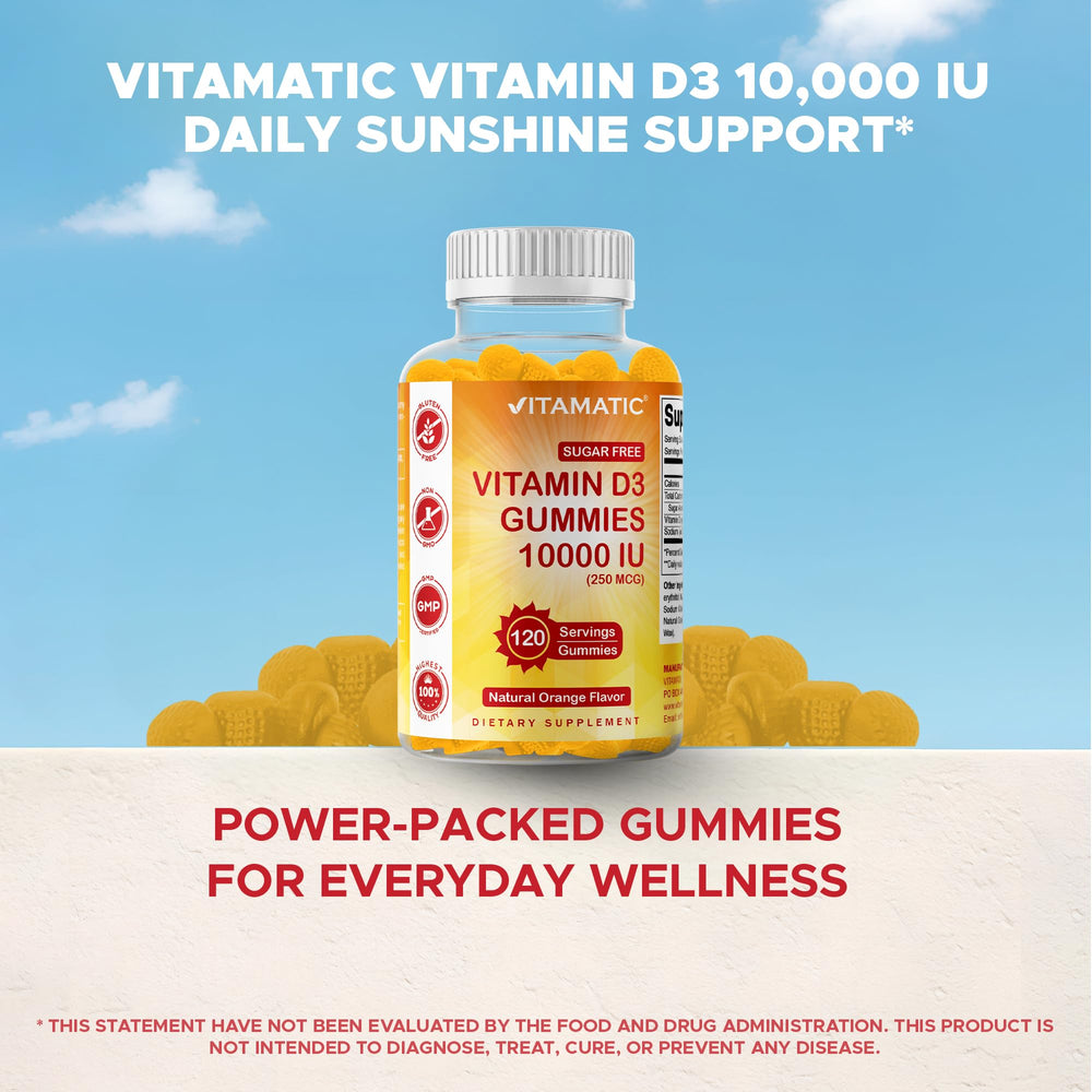 Vitamatic bottle display 120 servings for a full month of gummies.