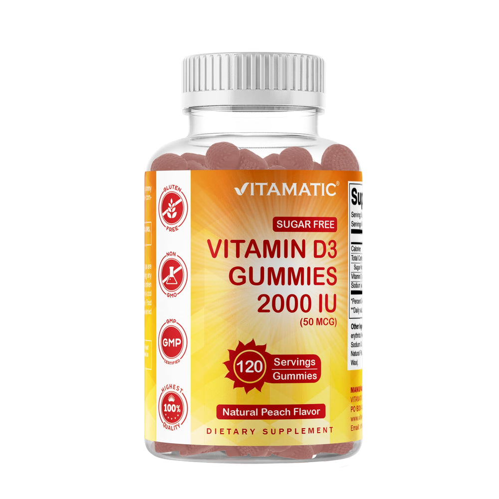 Vitamatic Sugar Free Vitamin D3 bottle label shows 2000 IU in a peach gummy