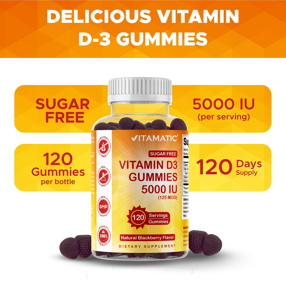 Vitamatic Sugar Free D3 gummies close-up shows glossy gummies.
