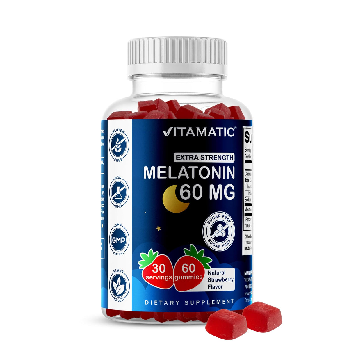 Vitamatic SugarFree Melatonin Gummies bottle featuring strawberry flavor for a nightly routine