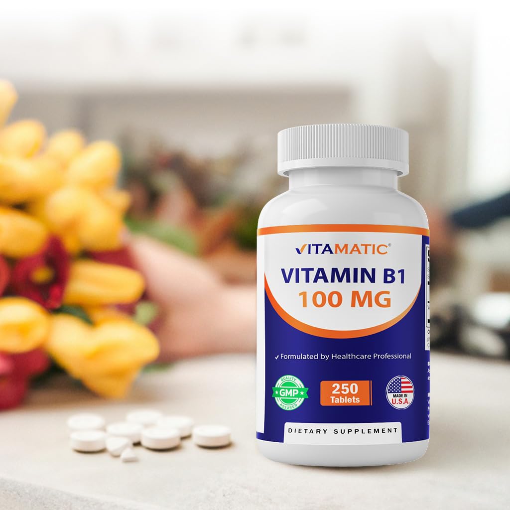 Vitamatic Vitamin B1 label details highlight Non-GMO and gluten-free options.
