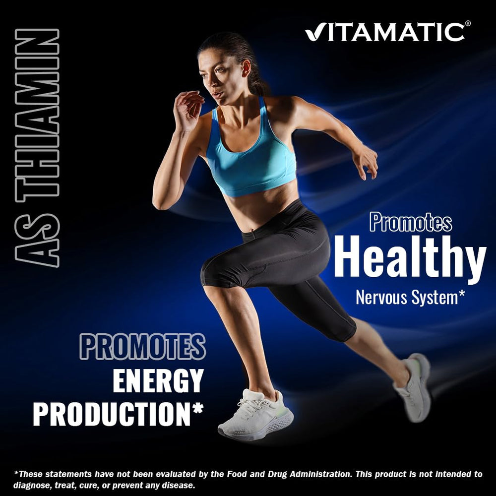 Vitamatic Vitamin B1 pour-shot shows quick-to-take tablets for on-the-go energy.