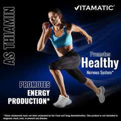 Vitamatic Vitamin B1 pour-shot shows quick-to-take tablets for on-the-go energy.