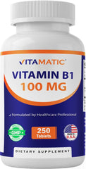 Vitamatic Vitamin B1 bottle close-up showing energy support potential.