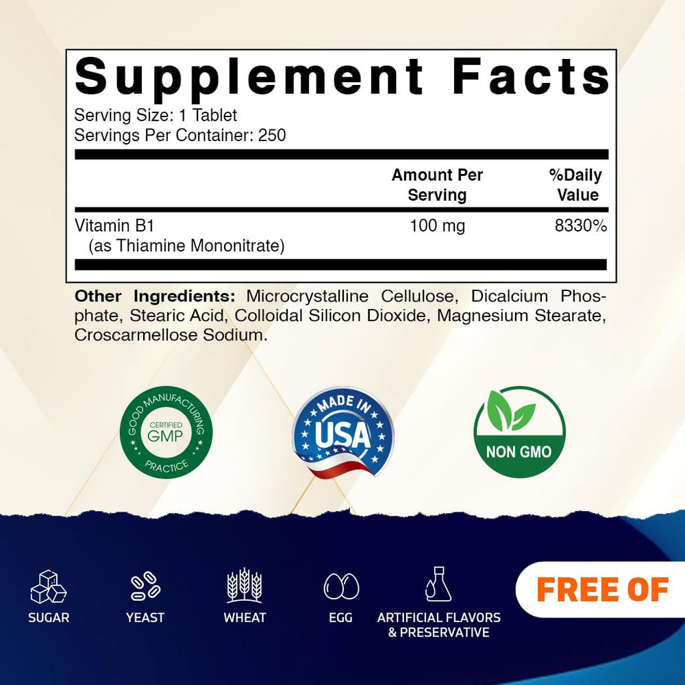 Vitamatic Vitamin B1 tablets in hand suggest convenient daily energy support.