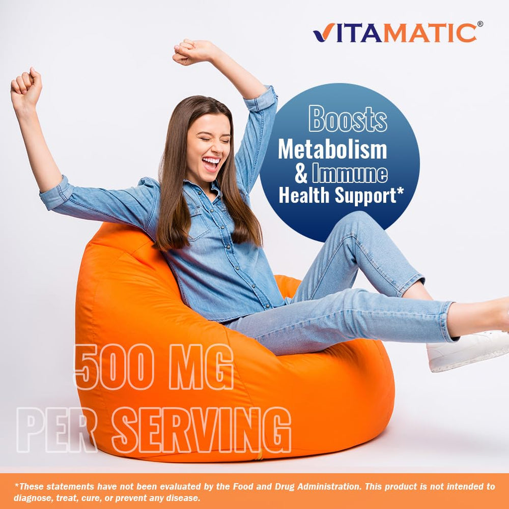 Bottle with Vitamatic B6 tablets emphasizing non-GMO and gluten-free features.