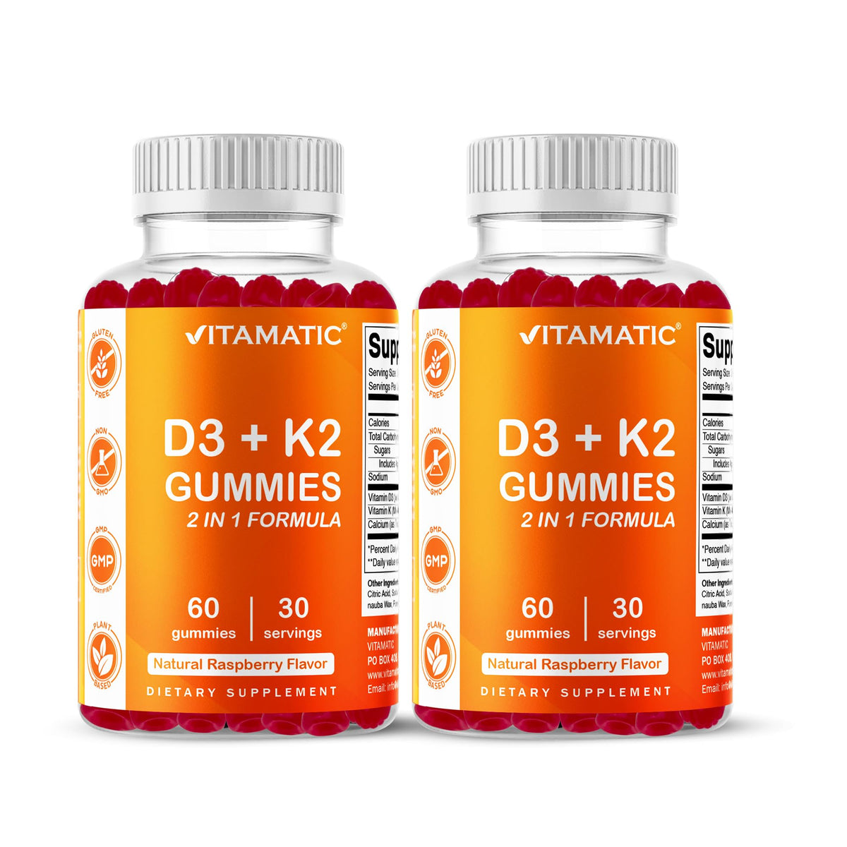 Vitamatic Vitamin D3 & K2 Gummies bottle front highlighting raspberry flavor for bone support.