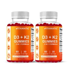 Vitamatic Vitamin D3 & K2 Gummies bottle front highlighting raspberry flavor for bone support.