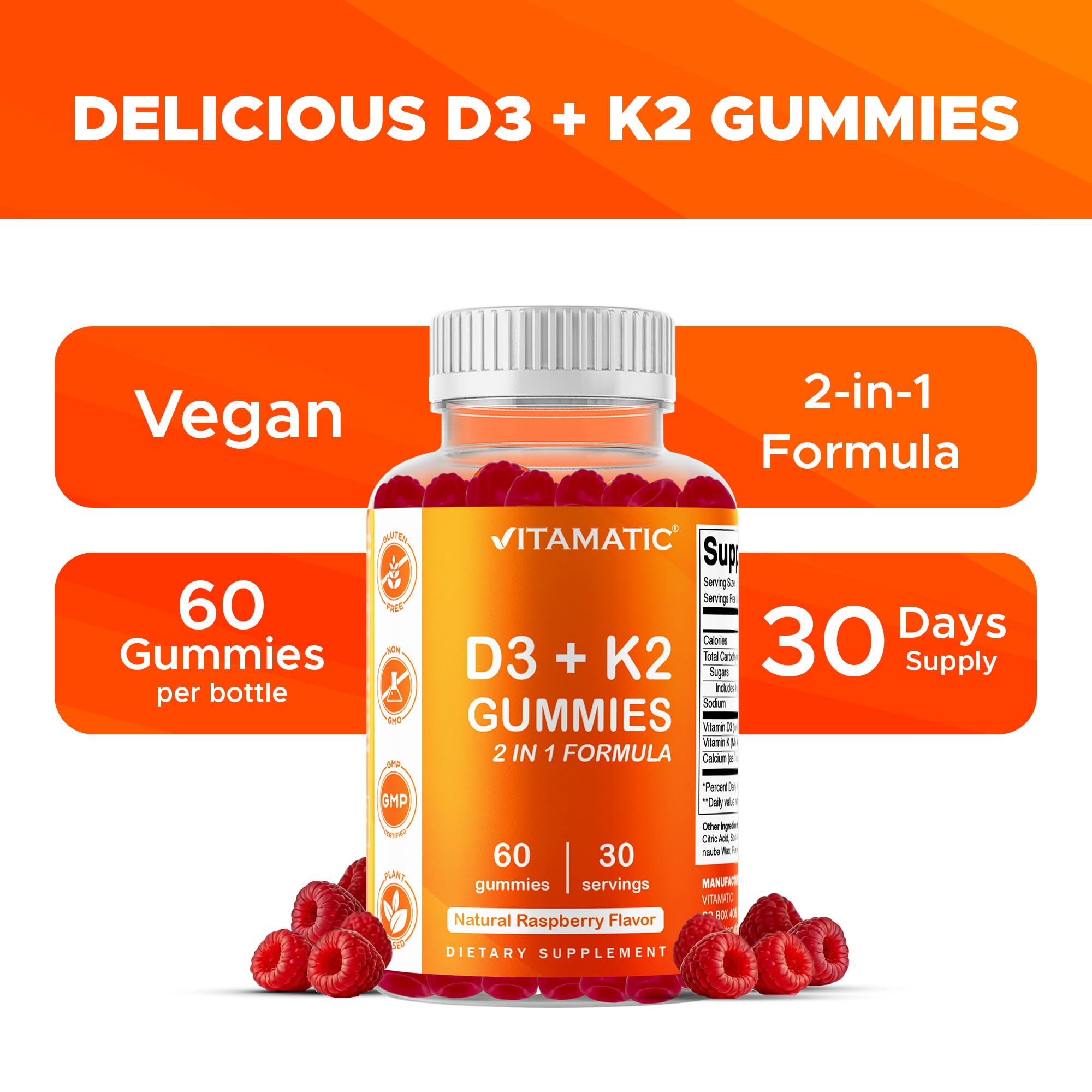 Vitamatic gummies illustrate calcium absorption support through D3 and K2.