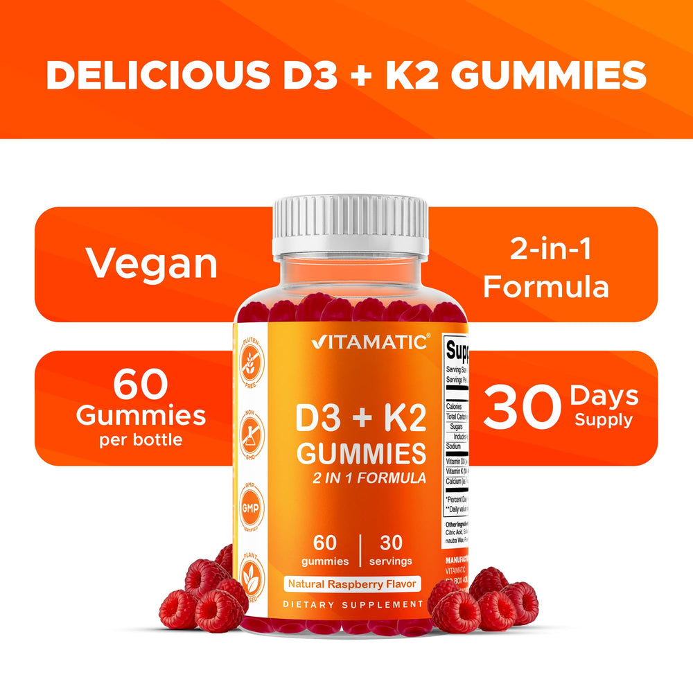 Vitamatic gummies illustrate calcium absorption support through D3 and K2.
